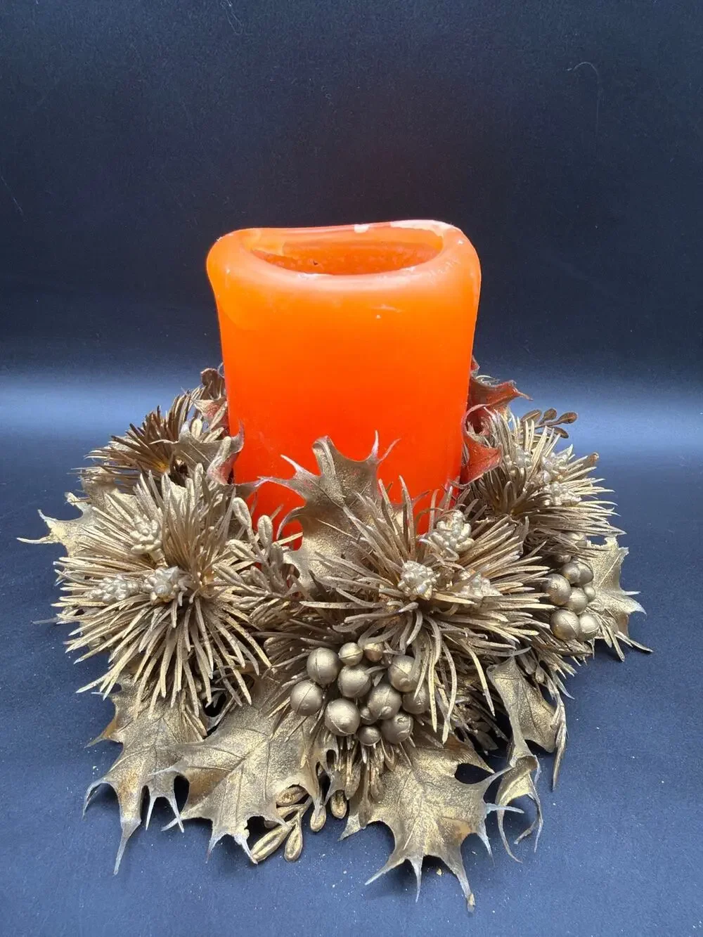 Vintage Gold Holiday Candle Ring Centerpiece Candle Thanksgiving Christmas